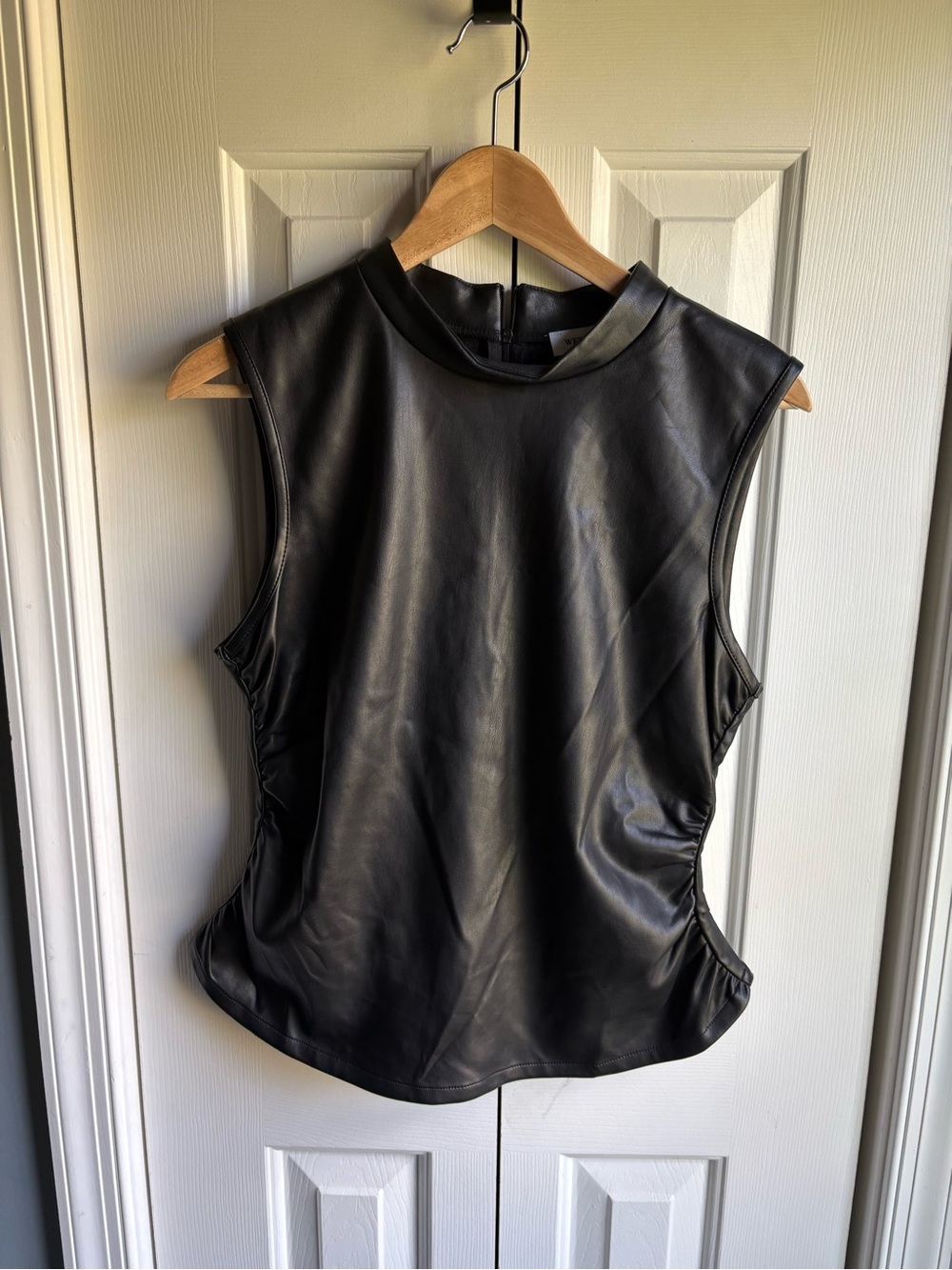 We Wore What Womens Ruched Turtleneck Top Black Faux Leather Size Large NWT